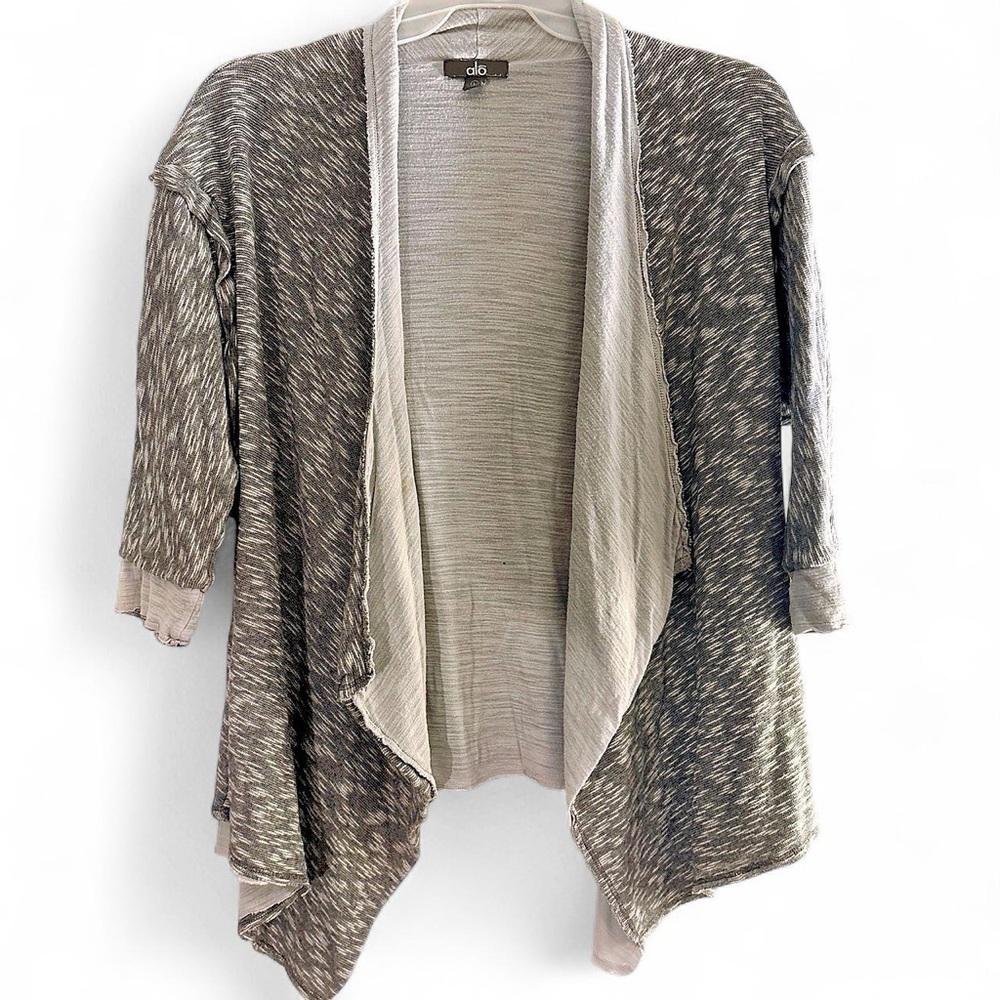 ALO Yoga Marled Open-Front Draped Cardigan in Gray and Cream Size L